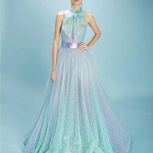 STUNNING Glinda ish Teuta Matoshi Aqua Sparkle Gown with bow (was $995 New)